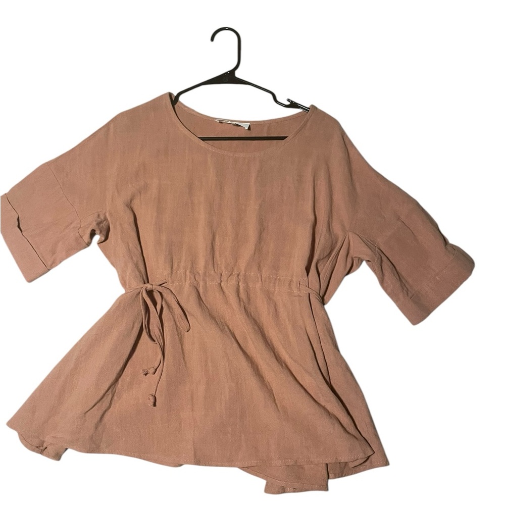 P. Cill Linen Blend Waist‎ Tie Peplum Minimalist Top Small Lagenlook Boho Blush